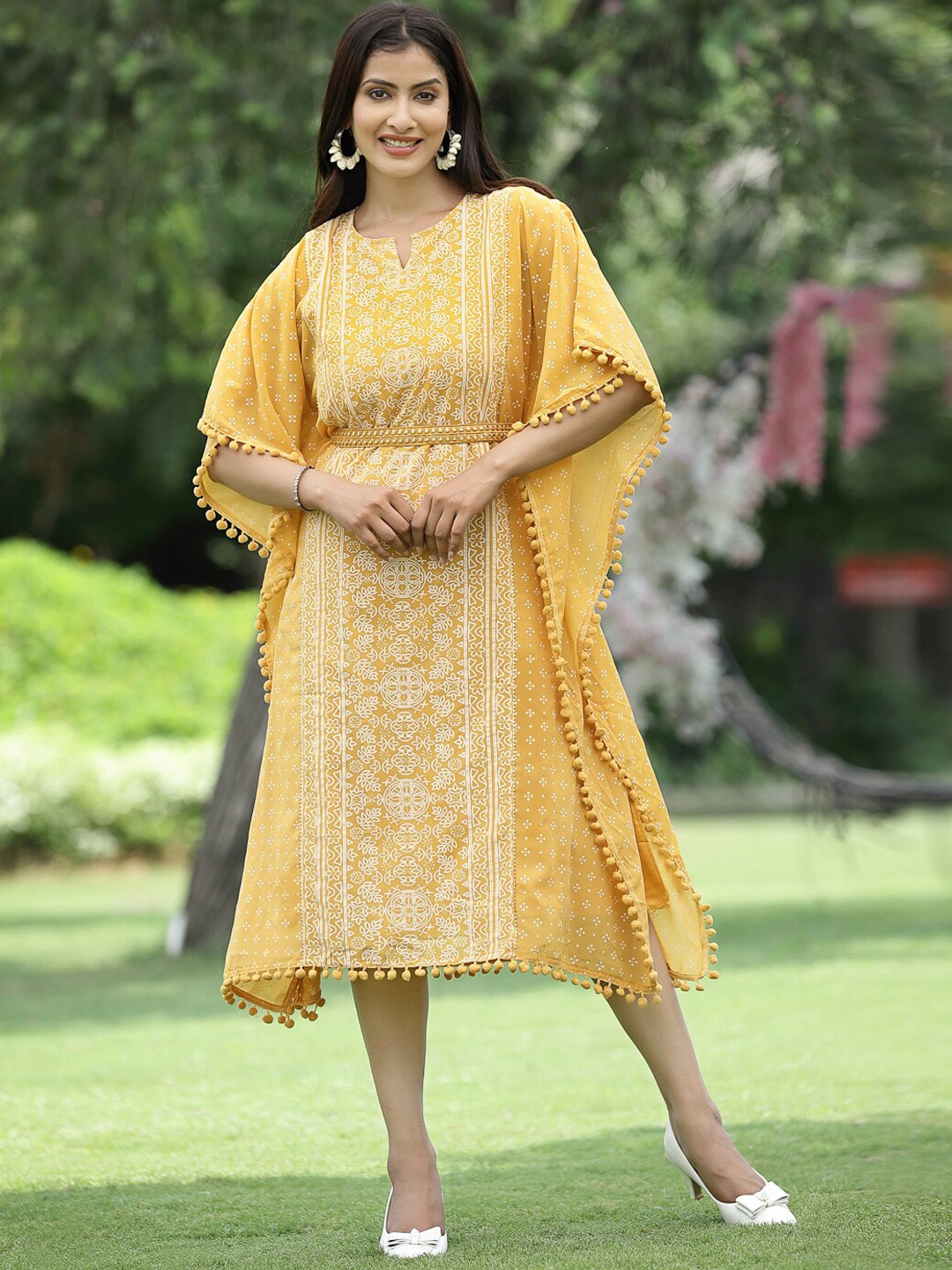 

Juniper Mustard Yellow Bandhani Printed Kaftan Dress