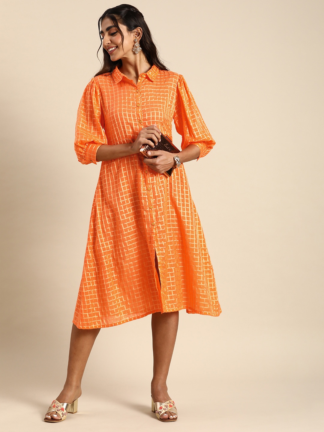 

Sangria Women Orange & Golden Checked Pure Cotton Ethnic A-Line Dress