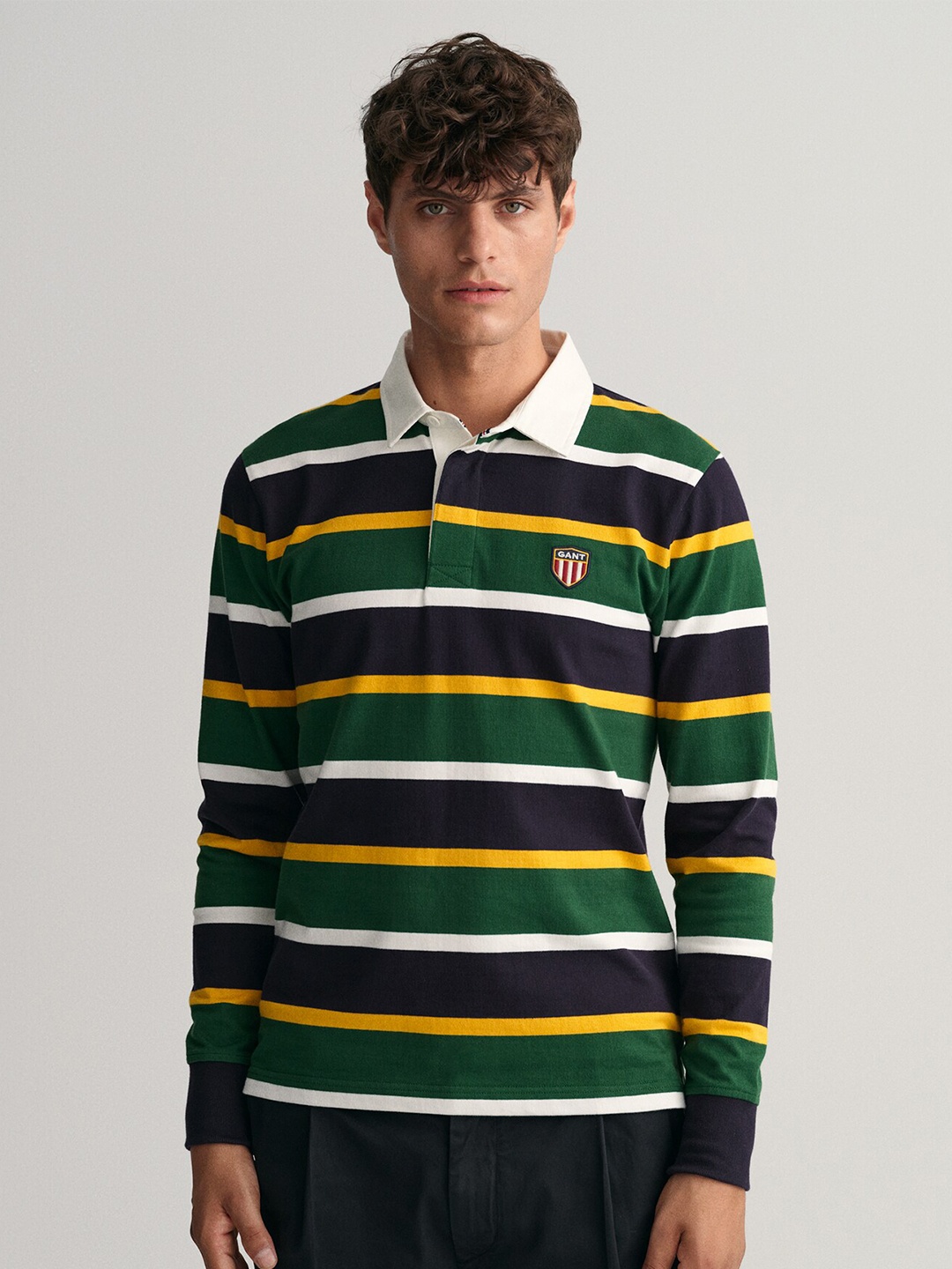 

GANT Men Green & Yellow Striped Polo Collar Pure Cotton T-shirt