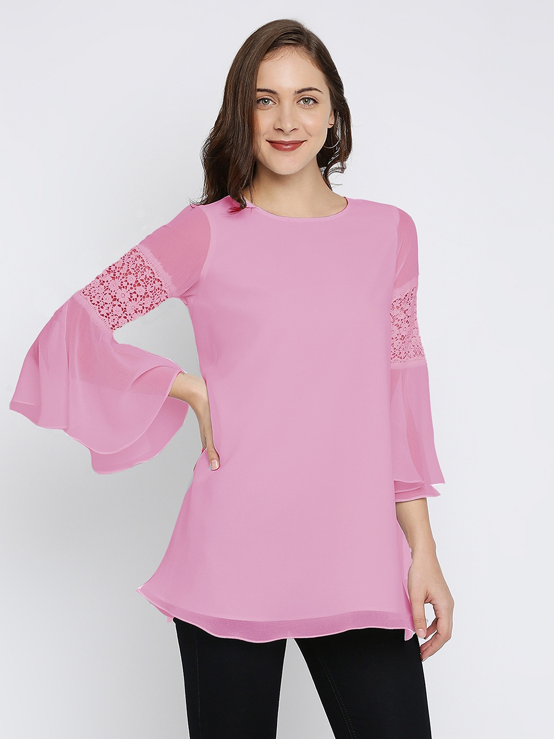 

Ira Soleil Women Pink Solid Loose Fit Georgette Top