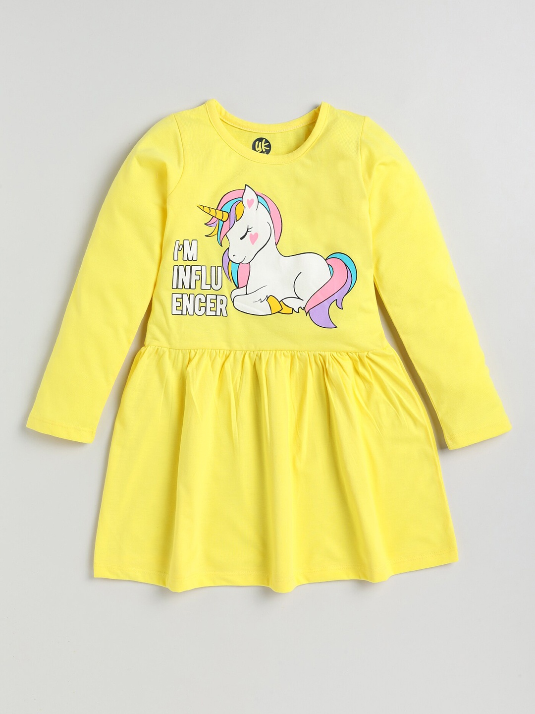 

YK Girls Yellow Unicorn and Typography Printed Crew Neck Jersey Dress