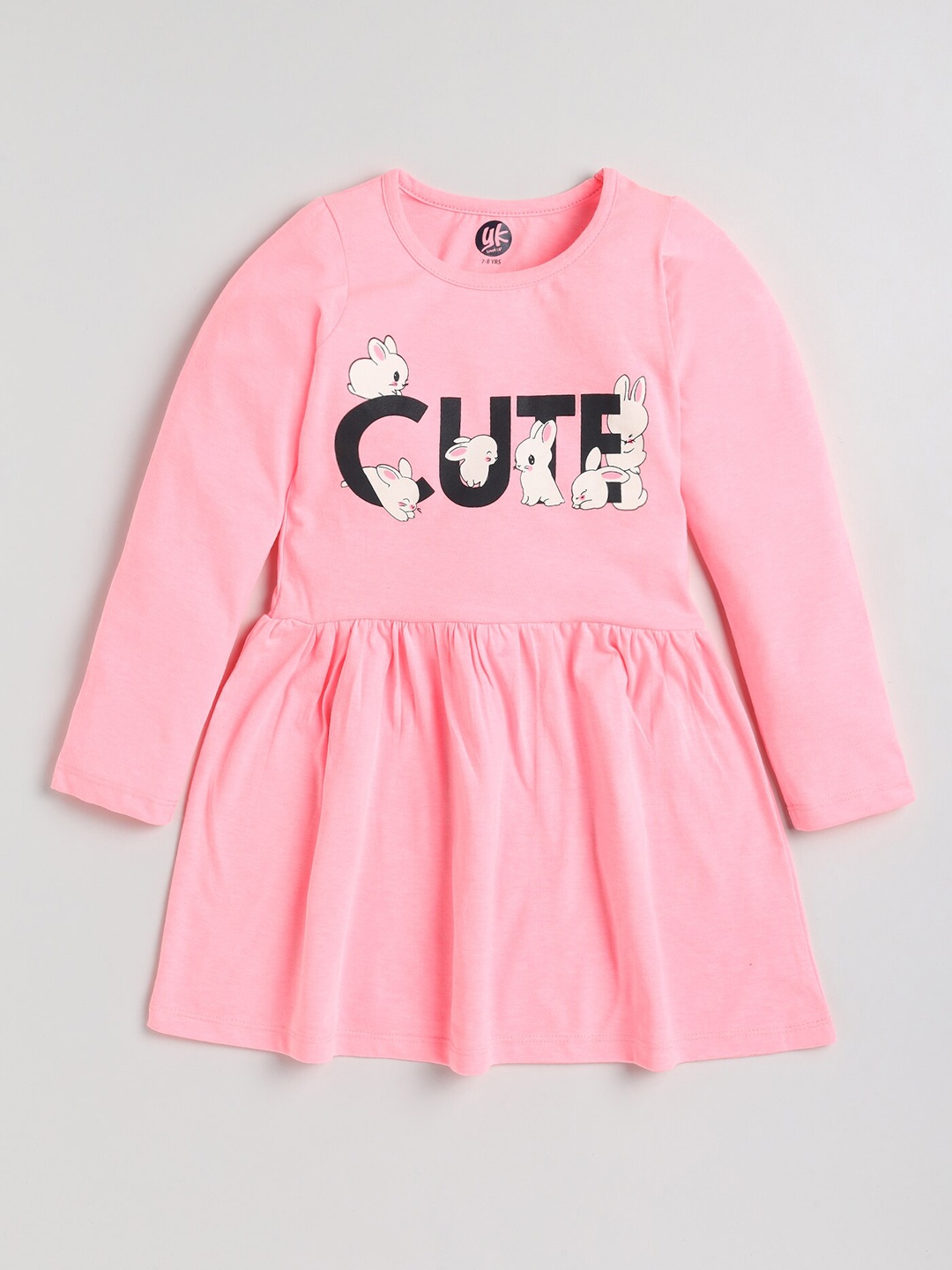 

YK Girls Pink Bunny and Typography Printed Crew Neck Jersey Dress