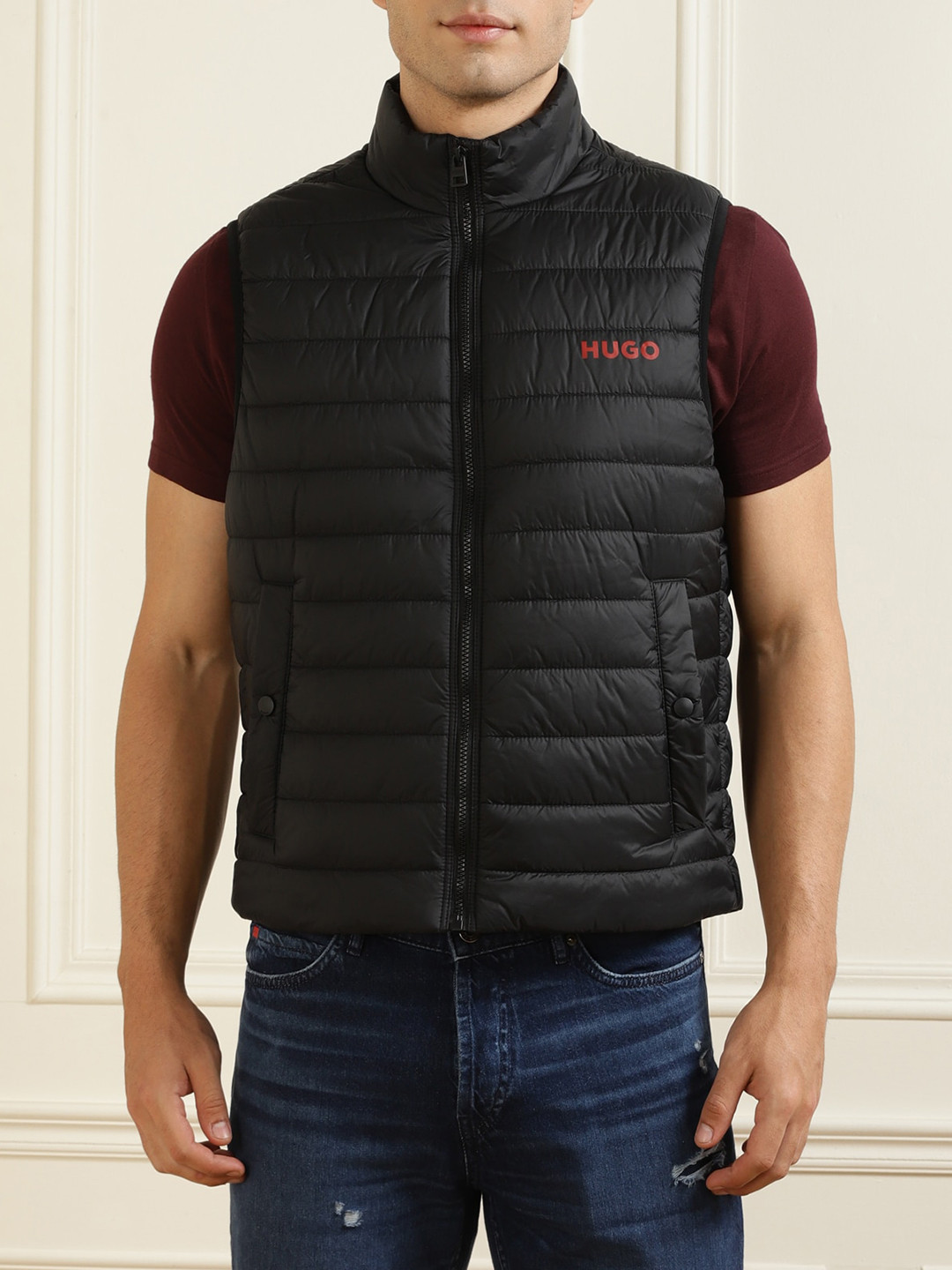 

HUGO Men Black Solid Sleeveless Padded Jacket