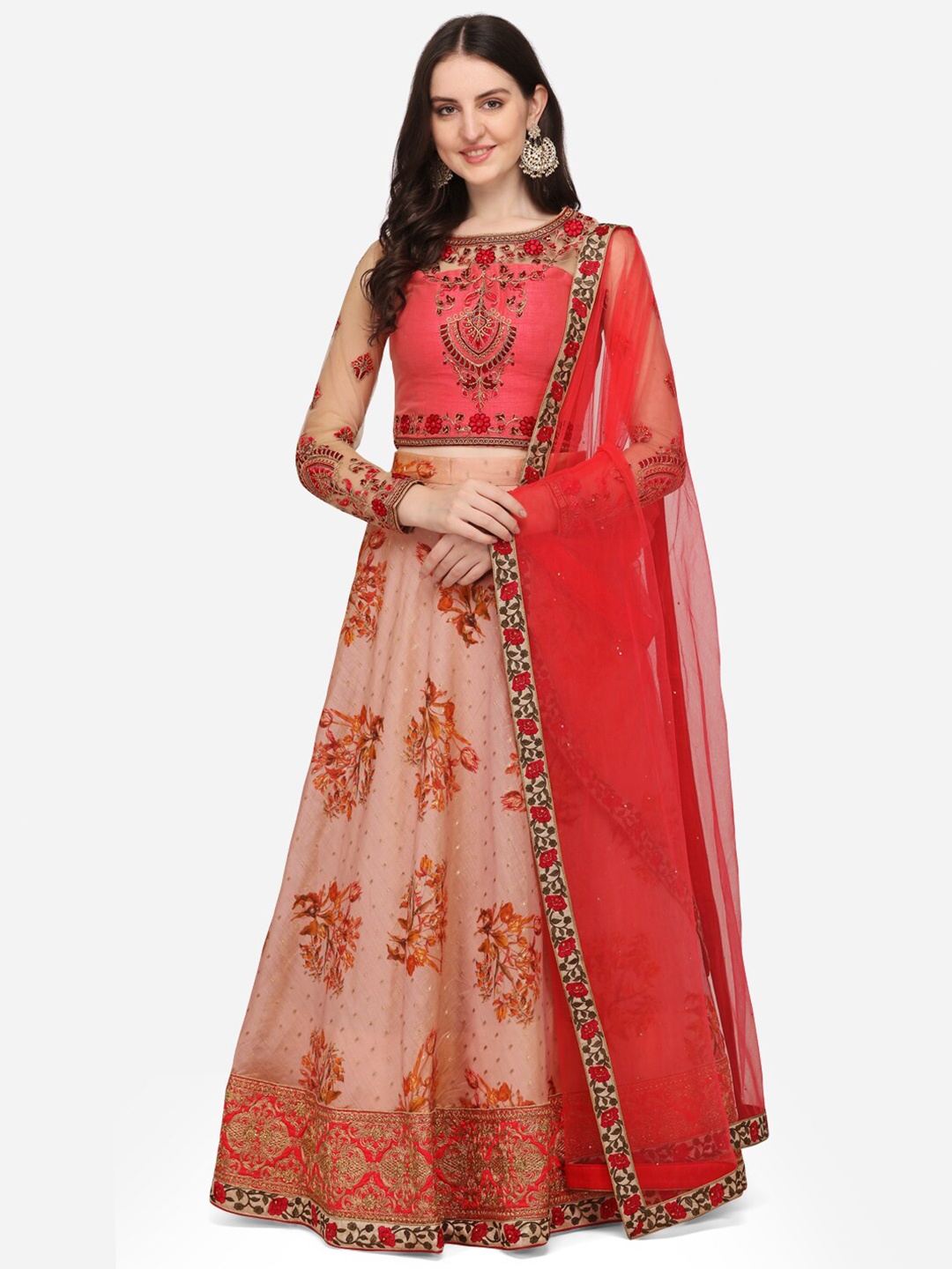 

SAPTRANGI Pink & Red Embroidered Thread Work Ready to Wear Lehenga & Blouse With Dupatta