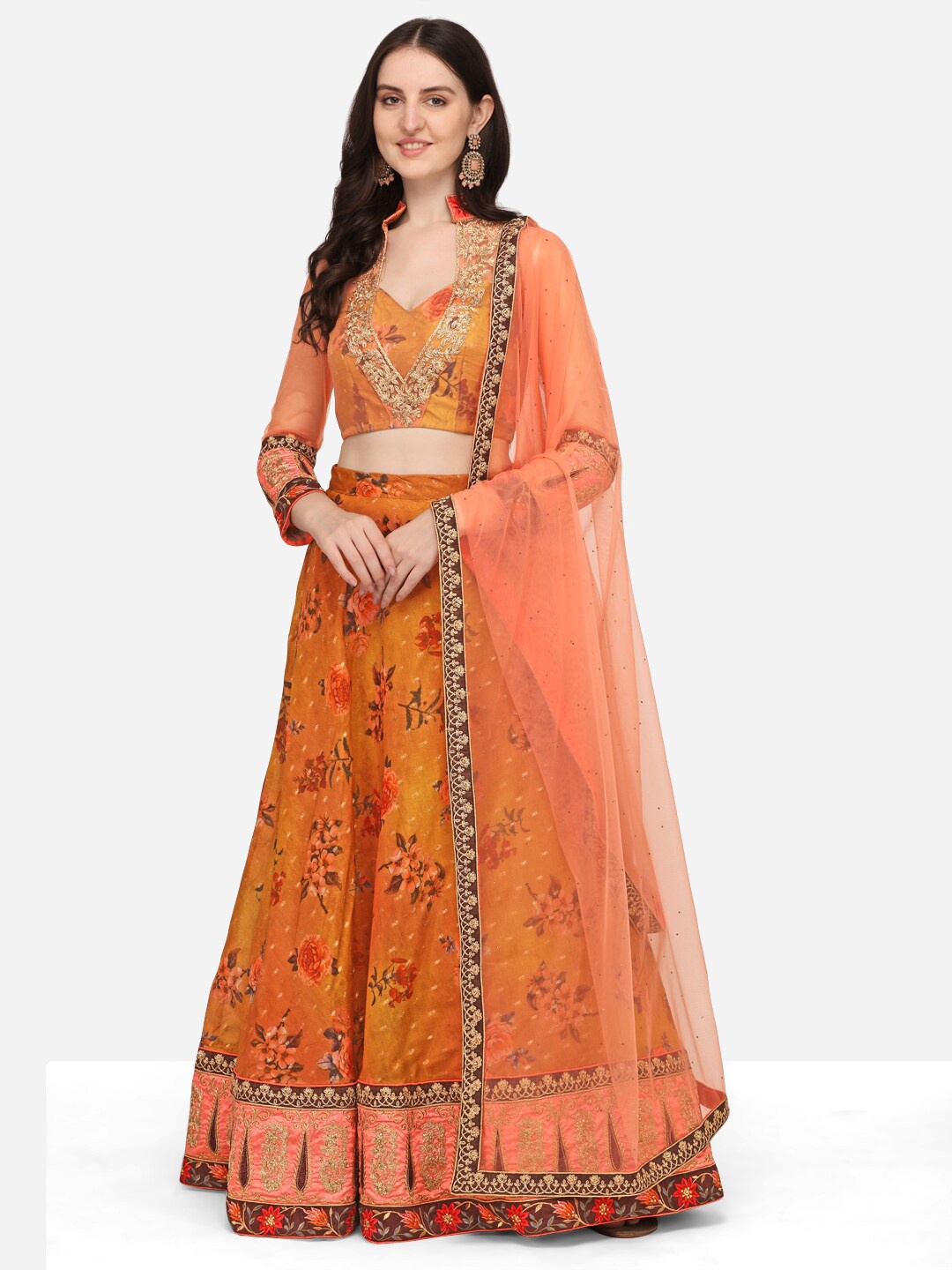 

SAPTRANGI Mustard & Peach-Coloured Embroidered Ready to Wear Lehenga & Blouse With Dupatta