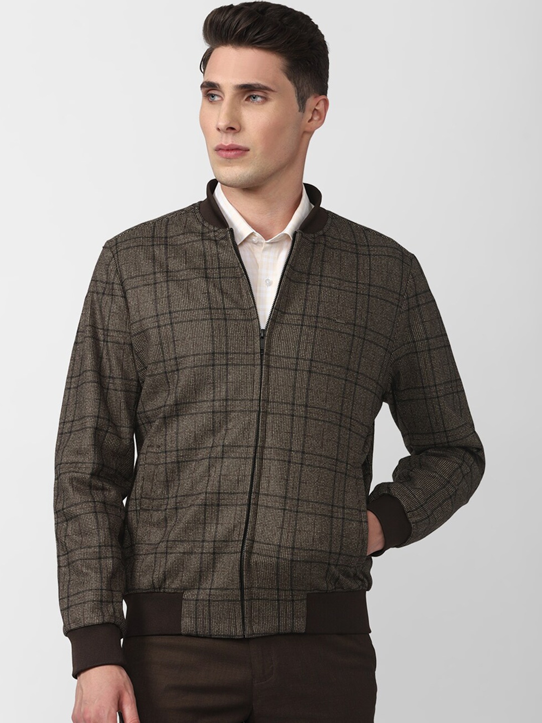 

Van Heusen Men Olive Green Checked Bomber Jacket