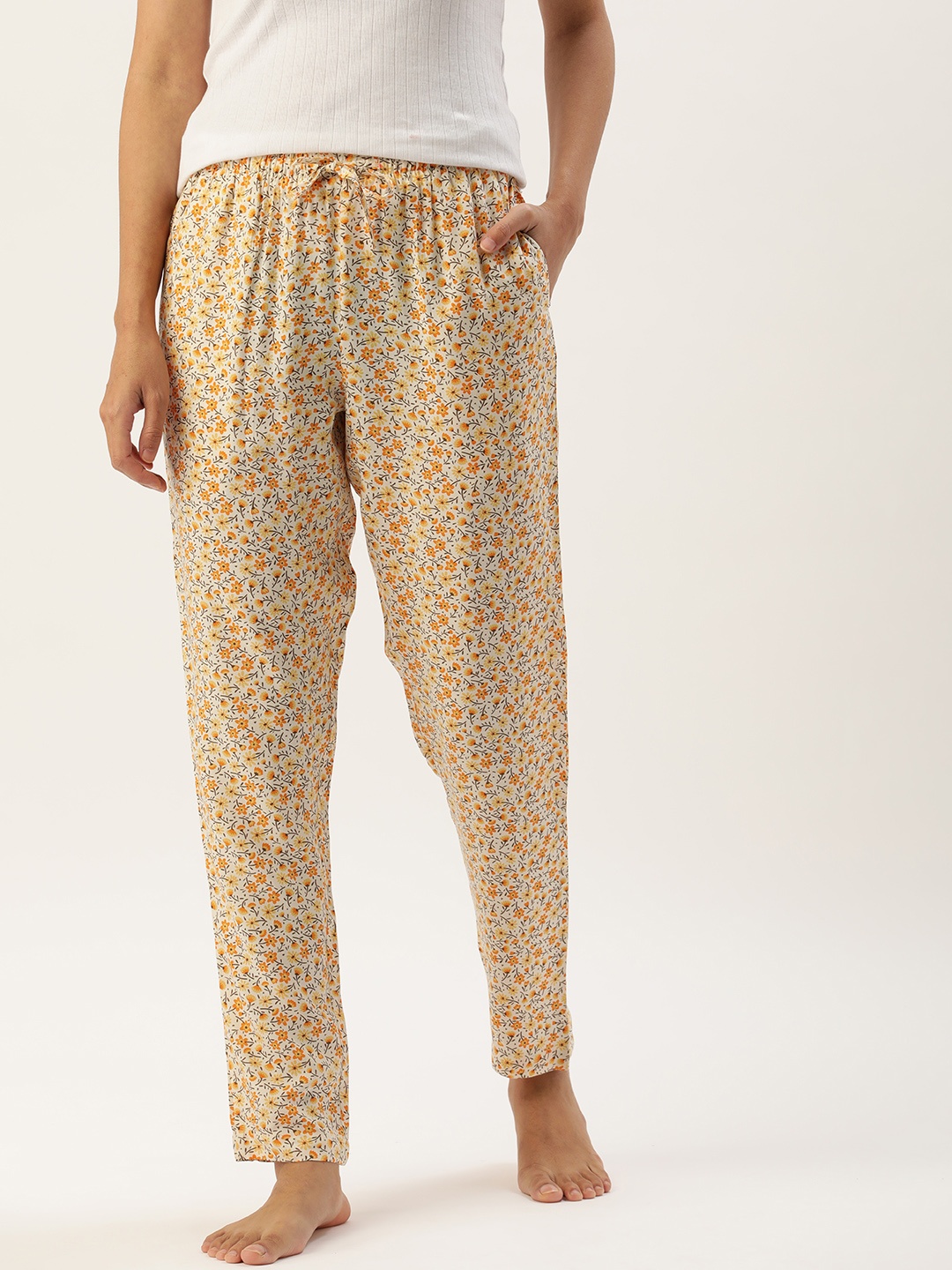 

ETC Women White & Yellow Printed Lounge Pants