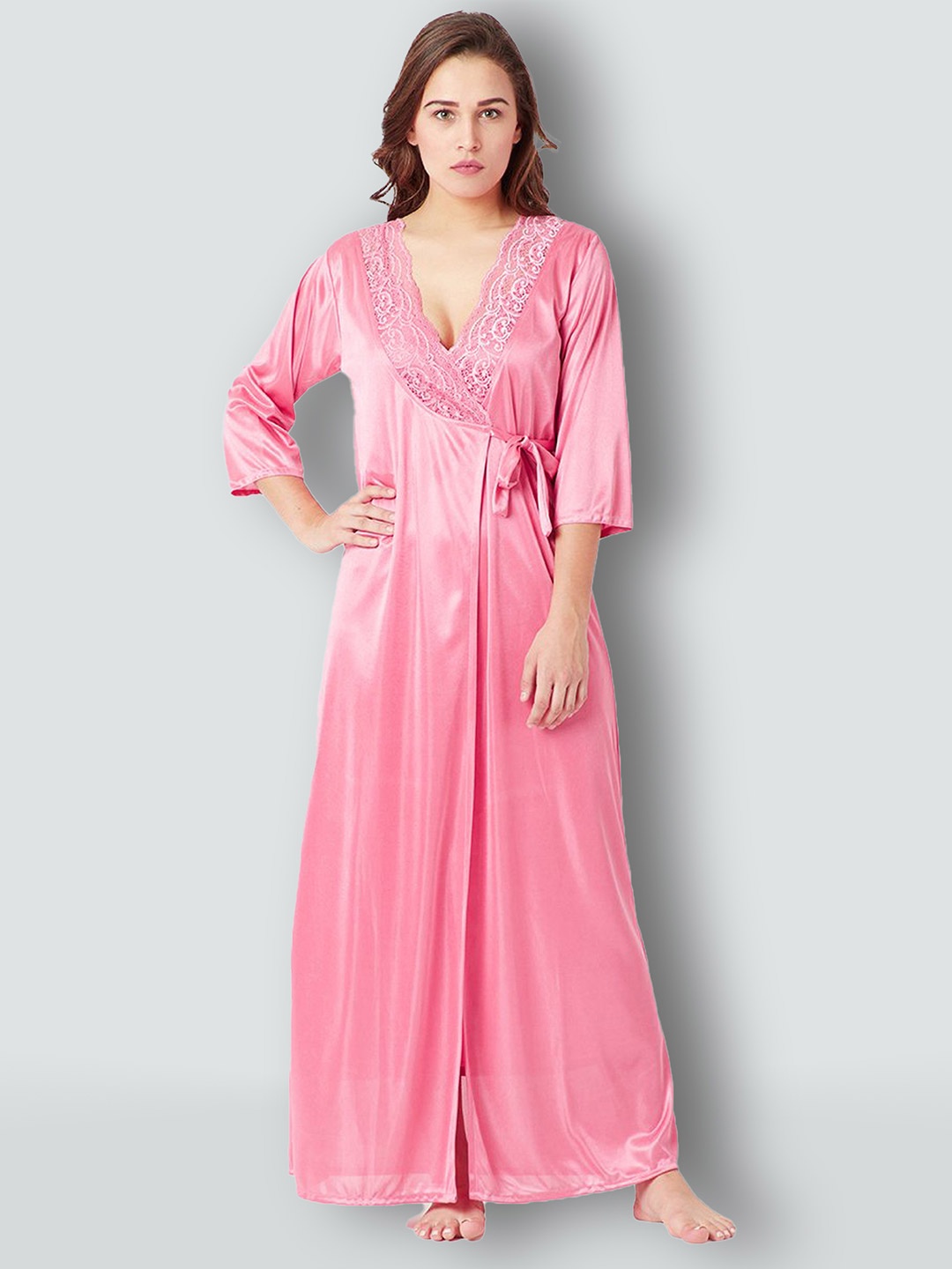 

Romaisa Women Pink Maxi Nighty with Robe