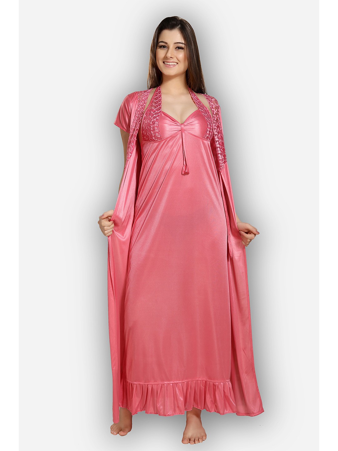 

Romaisa Women Pink Solid Maxi Nightdress With Robe