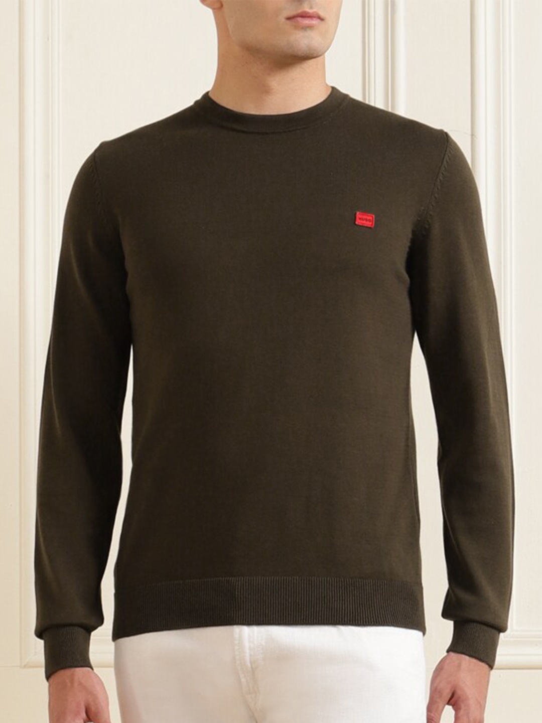 

HUGO Men Olive Green Pure Cotton Pullover