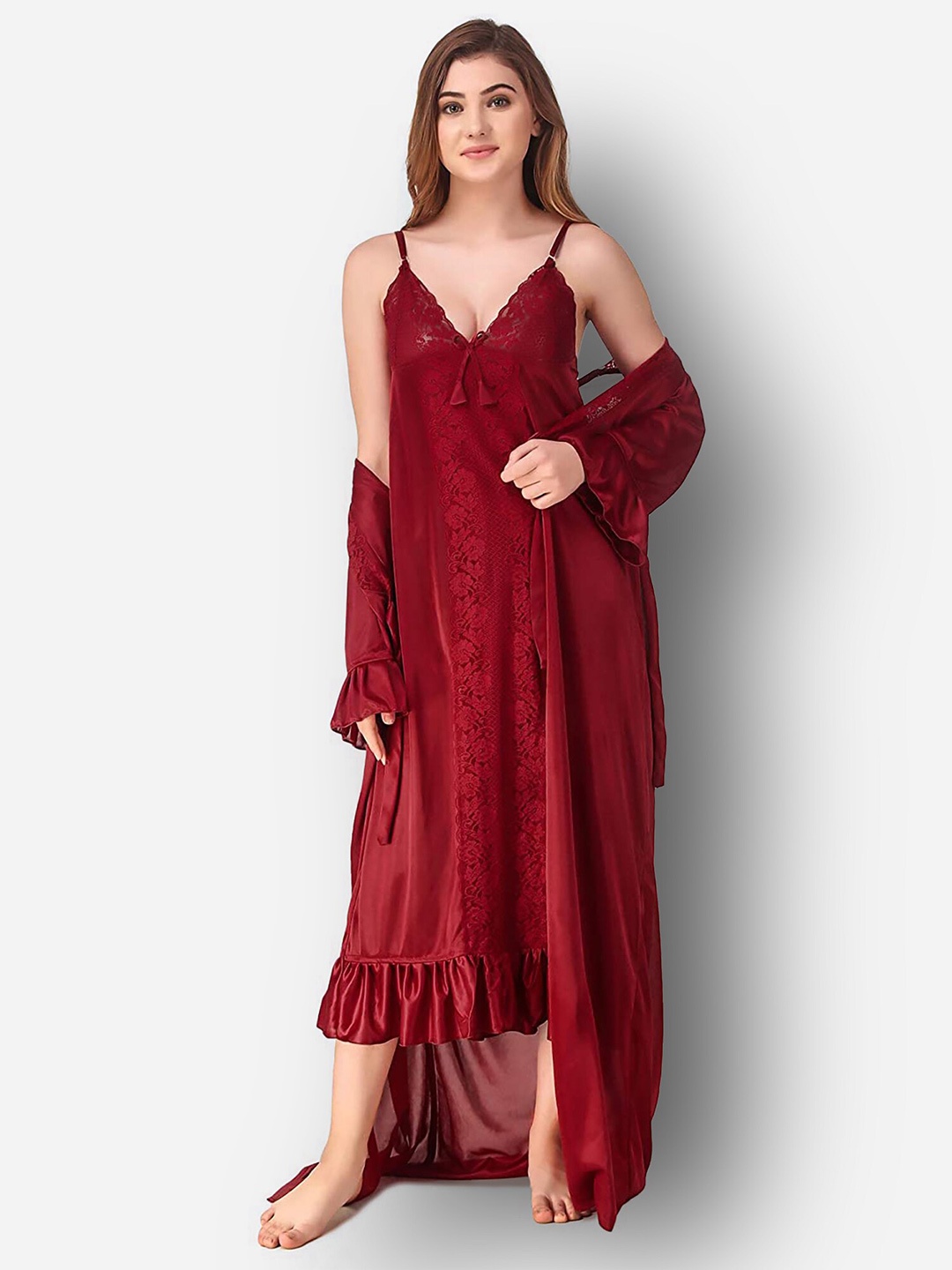 

Romaisa Maroon Maxi Nightdress With Robe