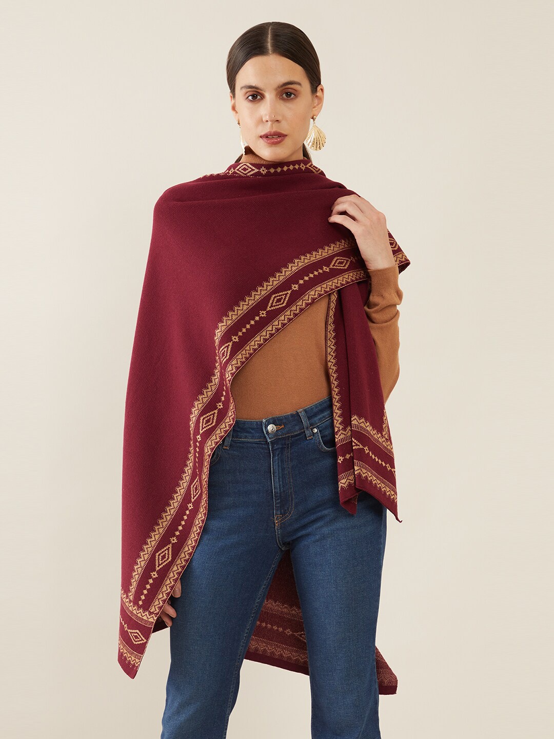 

Soch Women Maroon Printed Longline Shrug