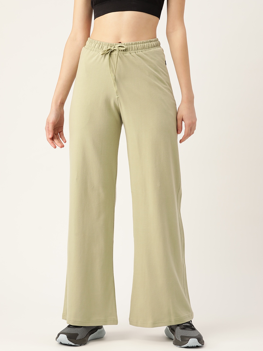 

FEMEA Women Olive Green Solid Cotton Wide Leg Track Pants