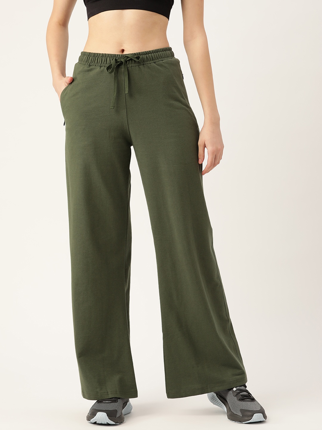 

FEMEA Women Olive Green Solid Cotton Wide Leg Track Pants