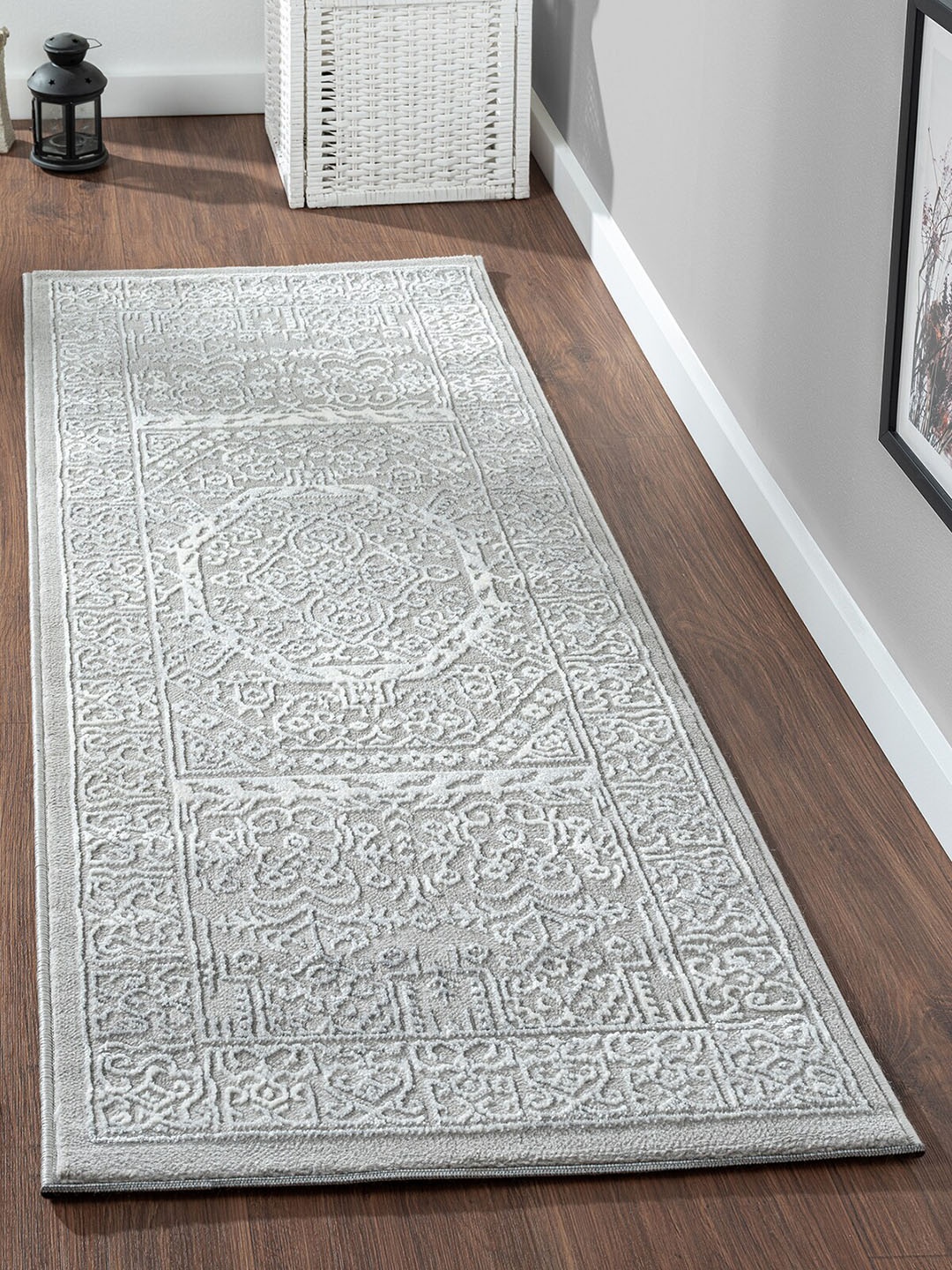 

OBSESSIONS Grey & White Ethnic Motifs Woven Design Anti-static Floor Runner