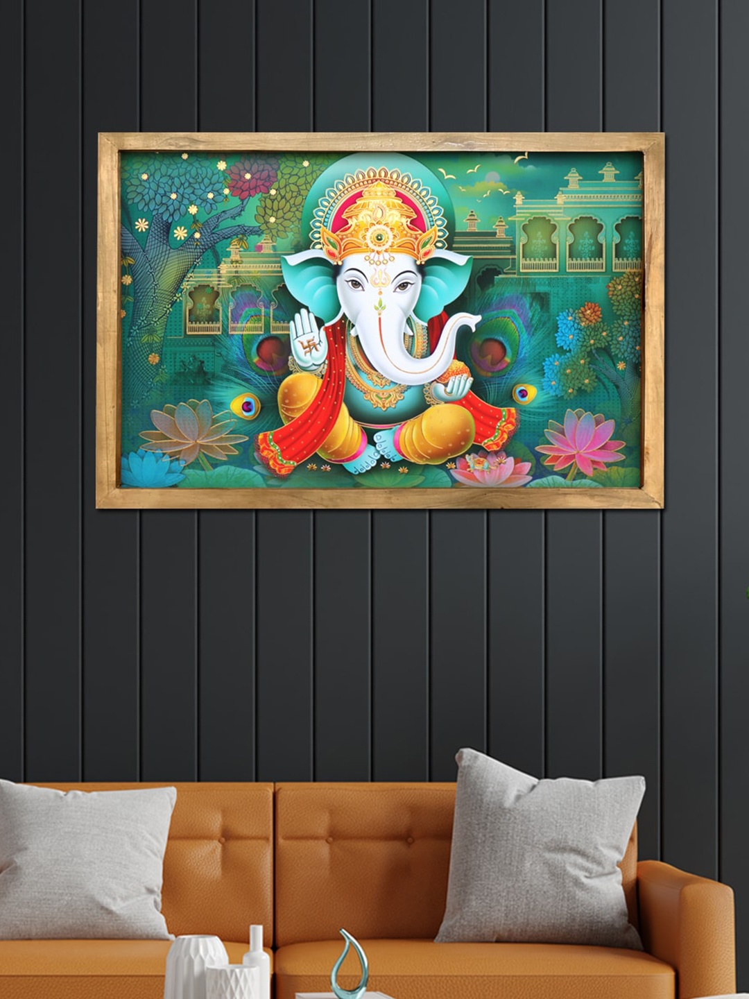 

Perpetual Blue & White Ganesha Painting With Frame Wooden Wall Art