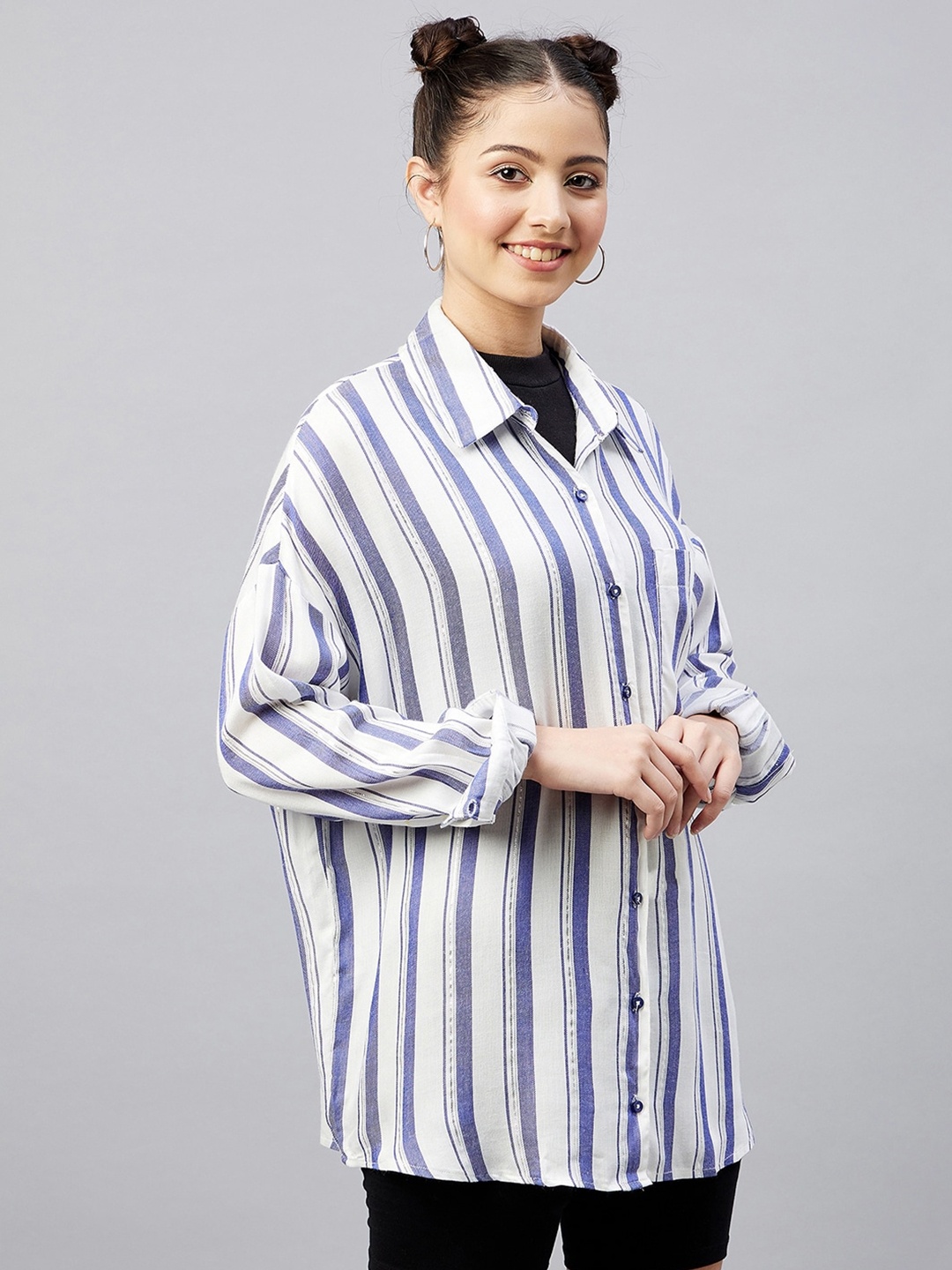 

CHIMPAAANZEE Women Navy Blue Relaxed Striped Casual Shirt