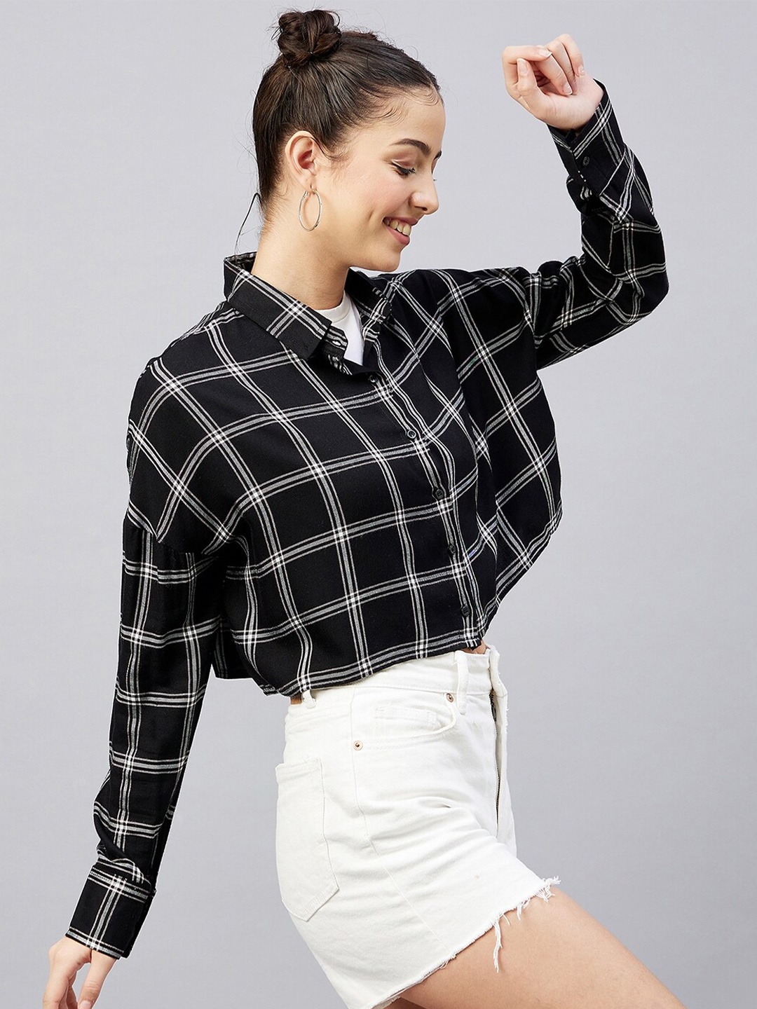 

CHIMPAAANZEE Women Black Oversized Tartan Checked Casual Shirt