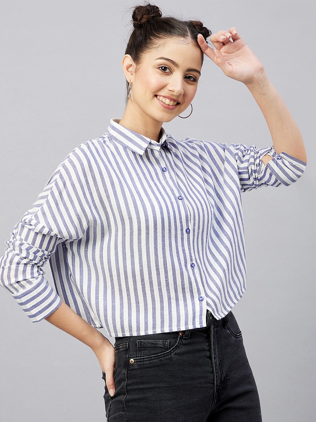 

CHIMPAAANZEE Women Navy Blue Oversized Striped Casual Shirt