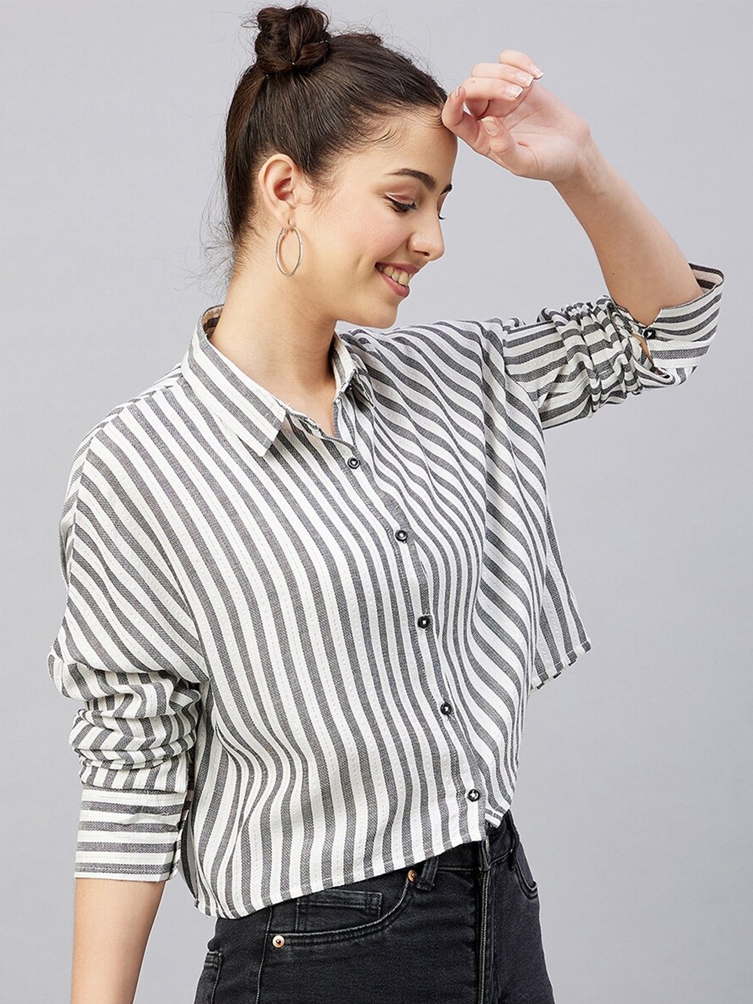 

CHIMPAAANZEE Women Black Relaxed Striped Casual Shirt