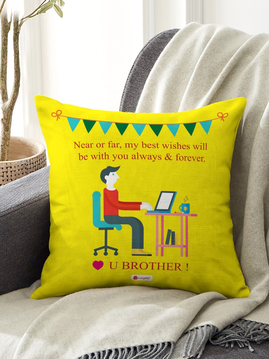 

Indigifts Yellow Printed Cushion Cover With Filler
