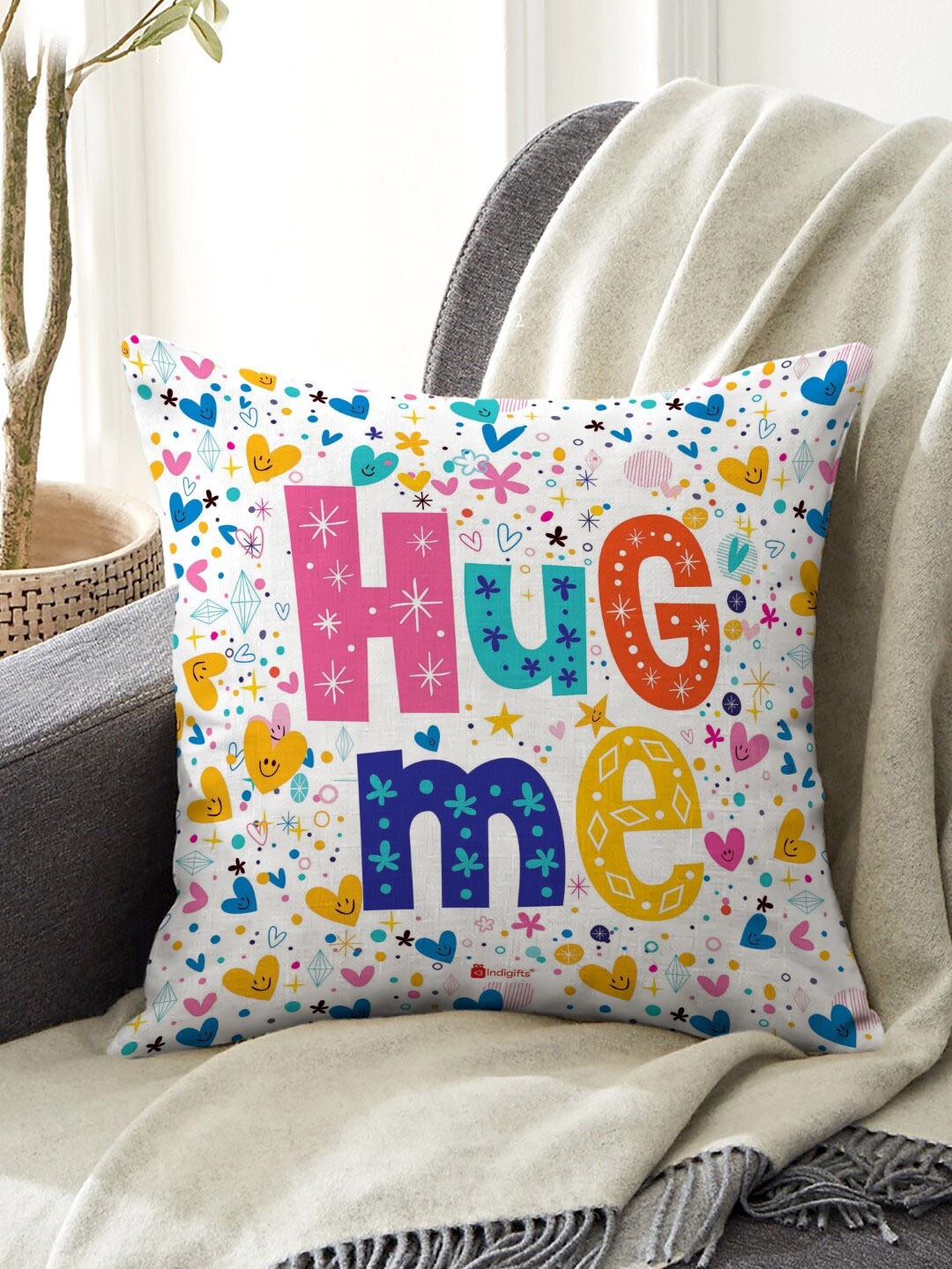 

Indigifts Hug Me Quote White Printed Cushion Cover with Filler