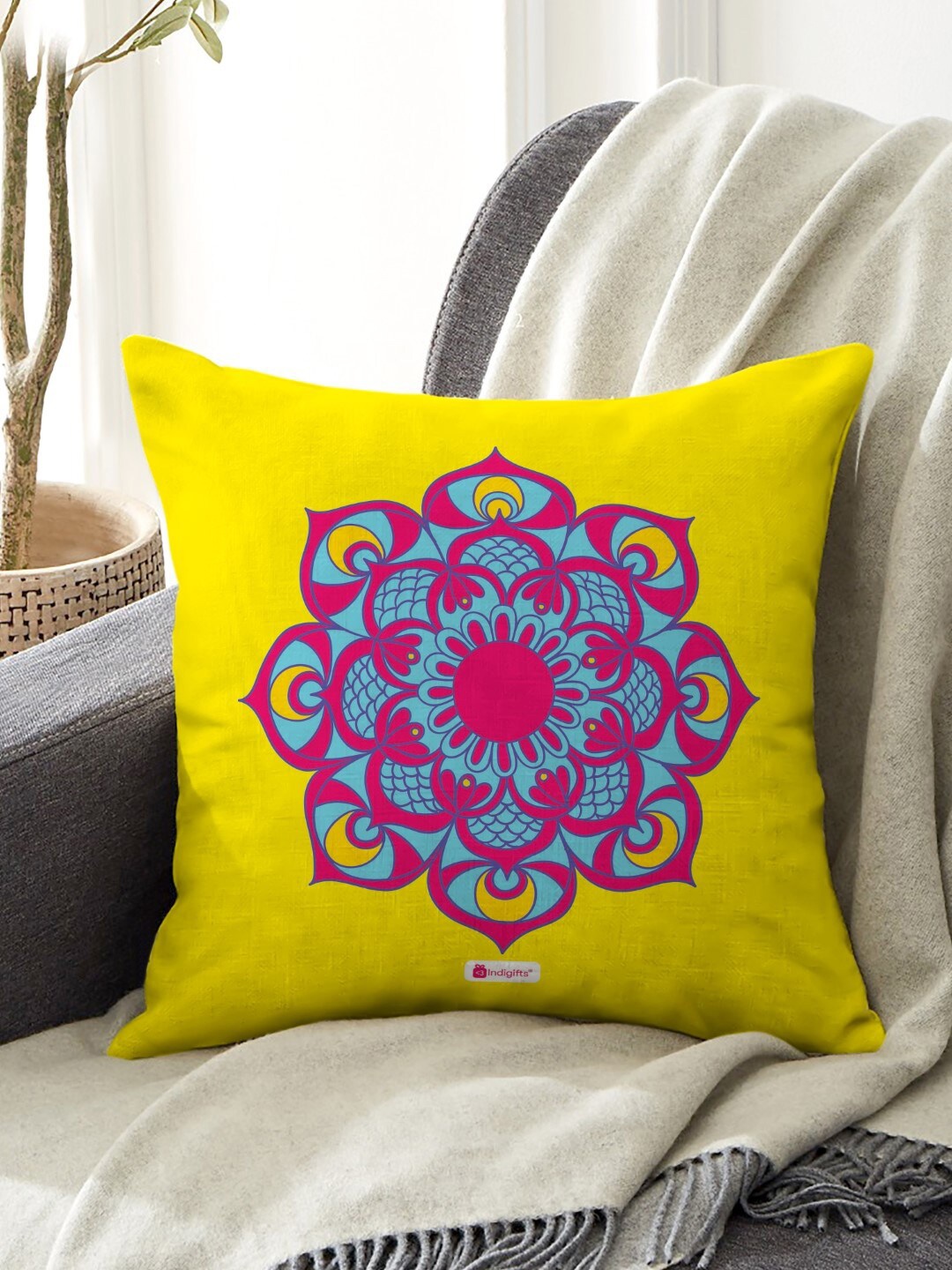 

Indigifts Mustard Yellow & Blue Digital Ethnic Motifs Print Square Cushion Cover