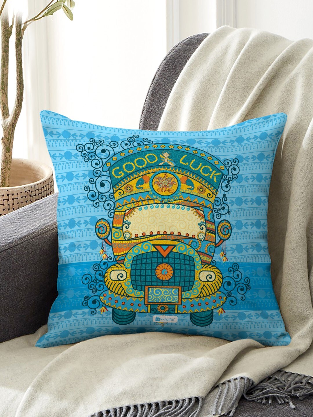 

Indigifts Good Luck Graphic Truck Print Pre-Filled Cushion Cover, Blue