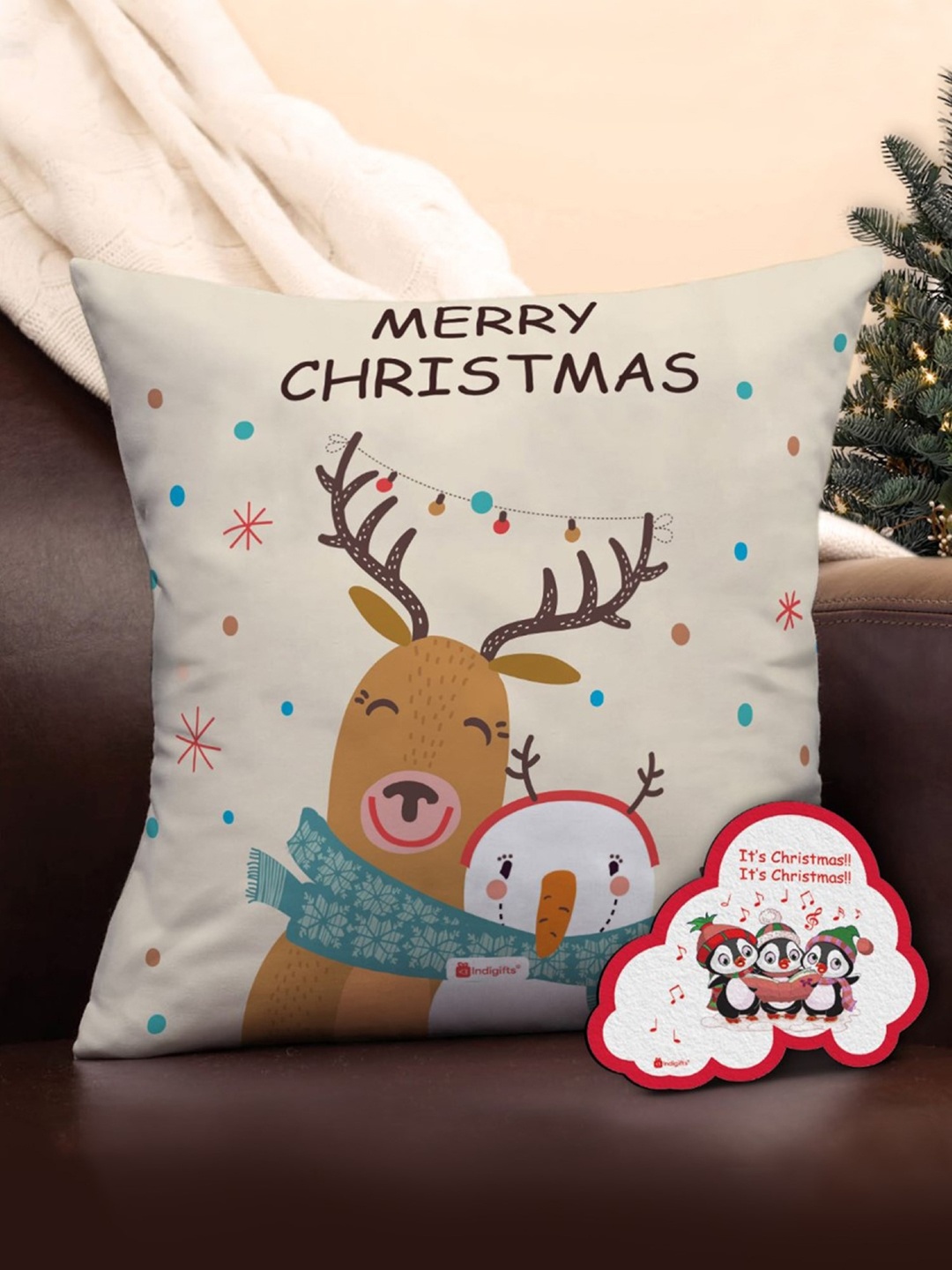 

Indigifts Merry Christmas Reindeer Printed Pre-Filled Cushion With Fridge Magnet, White