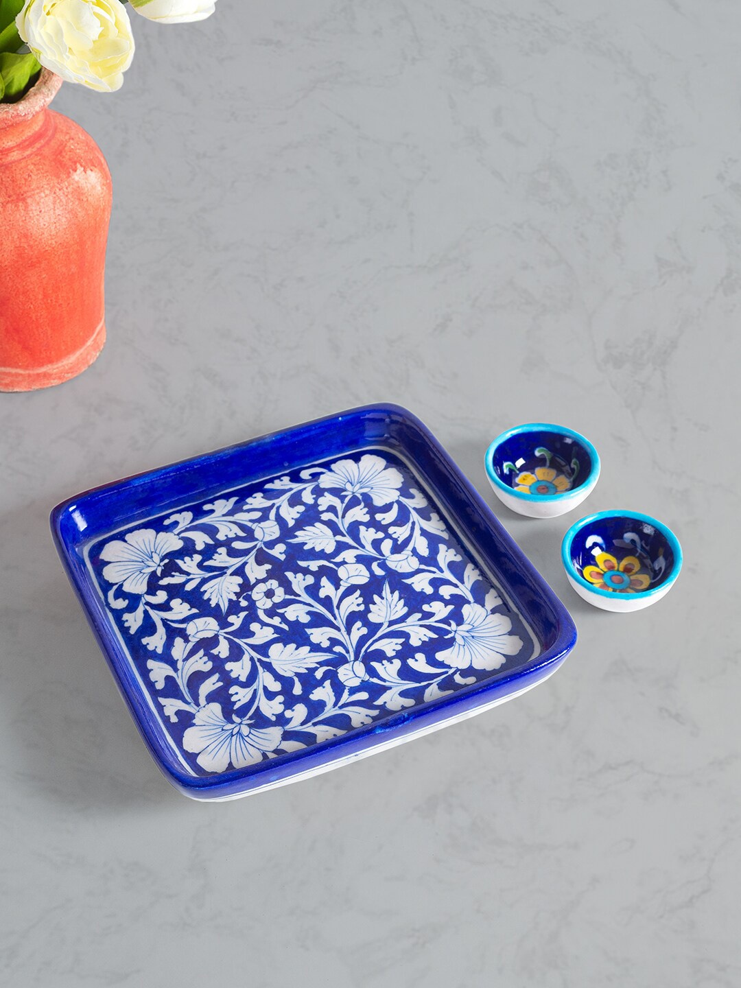 

Golden Peacock Set of 3 Blue Floral Pottery Ceramic Trays with Bowls