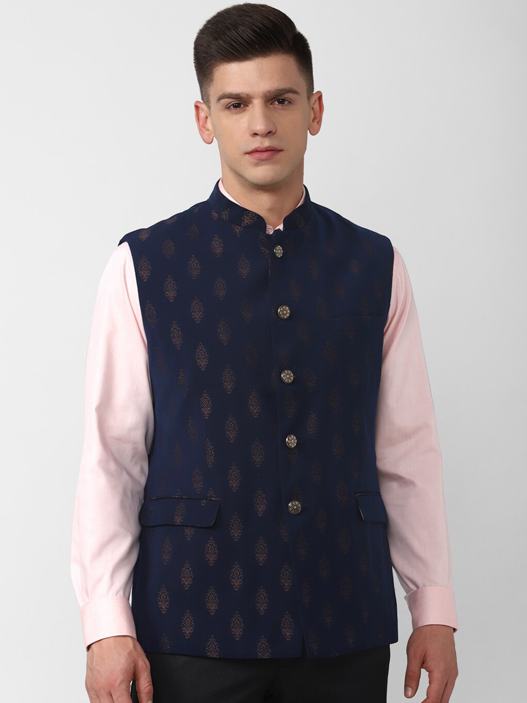 

Van Heusen Men Navy Blue Printed Nehru Jacket