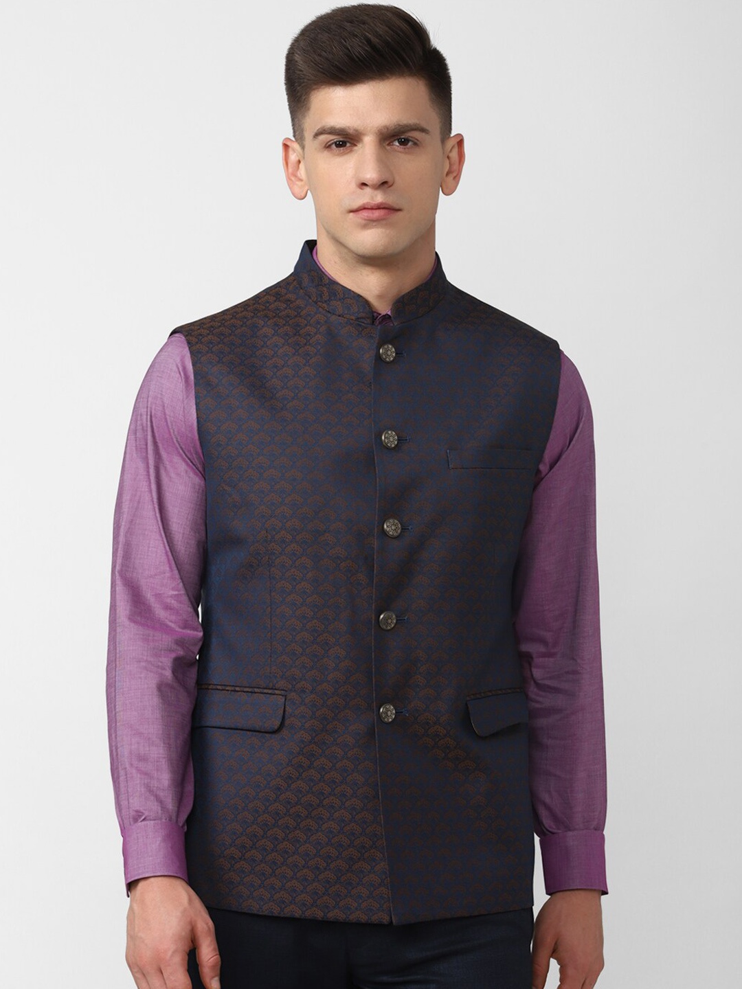 

Van Heusen Men Navy Blue Printed Nehru Jackets