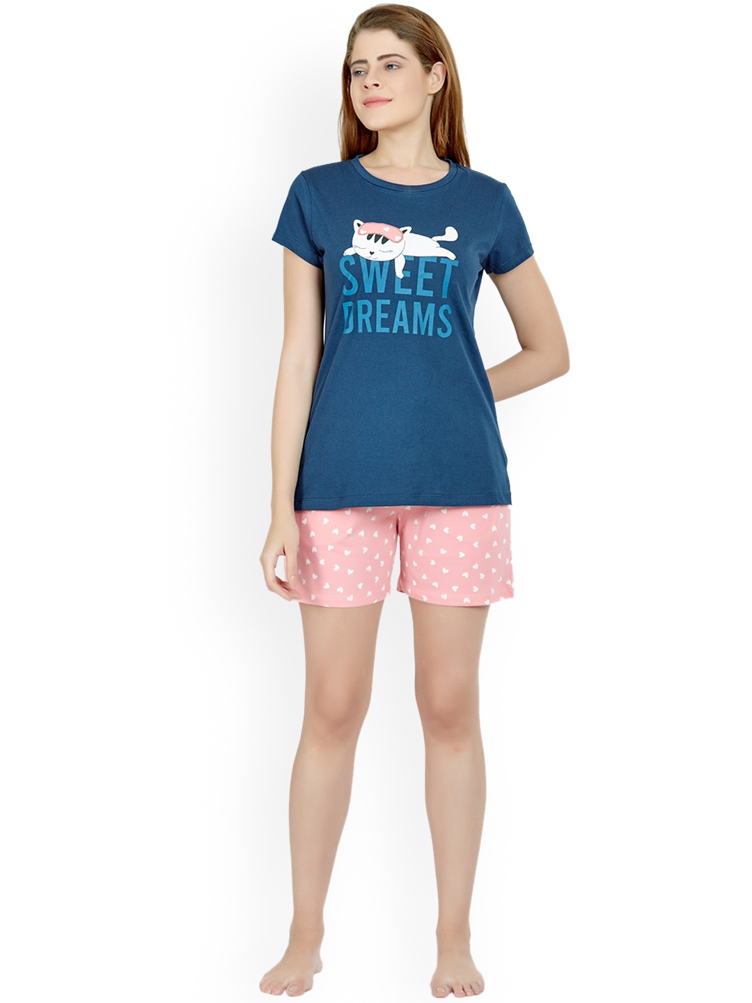 

MAYSIXTY Women Navy Blue & Pink Pure Cotton Printed Night suit