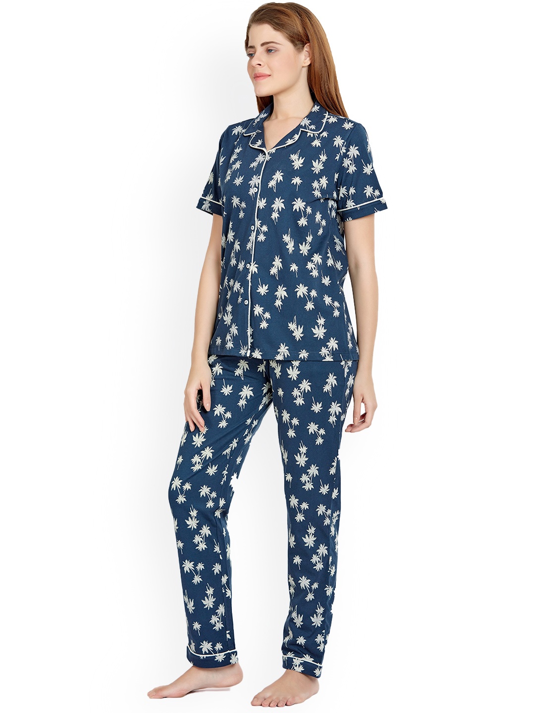 

MAYSIXTY Women Navy Blue & Off White Printed Night suit