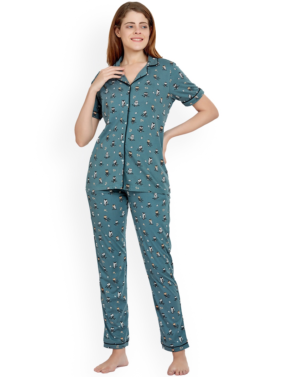 

MAYSIXTY Women Grey & Black Printed Night suit
