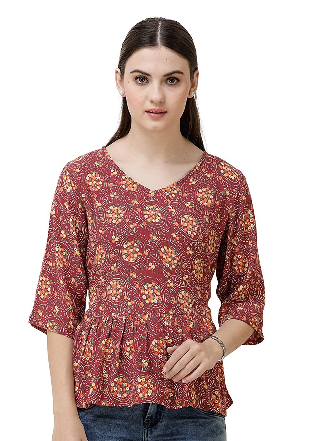 

DECHEN Women Red & Yellow Ethnic Motifs Printed V-Neck Peplum Top