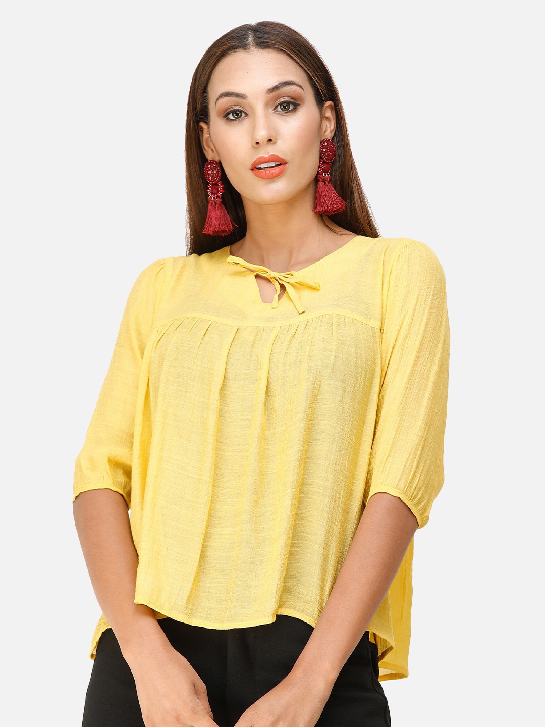 

DECHEN Women Yellow Solid Tie-Up Neck Viscose Rayon Top