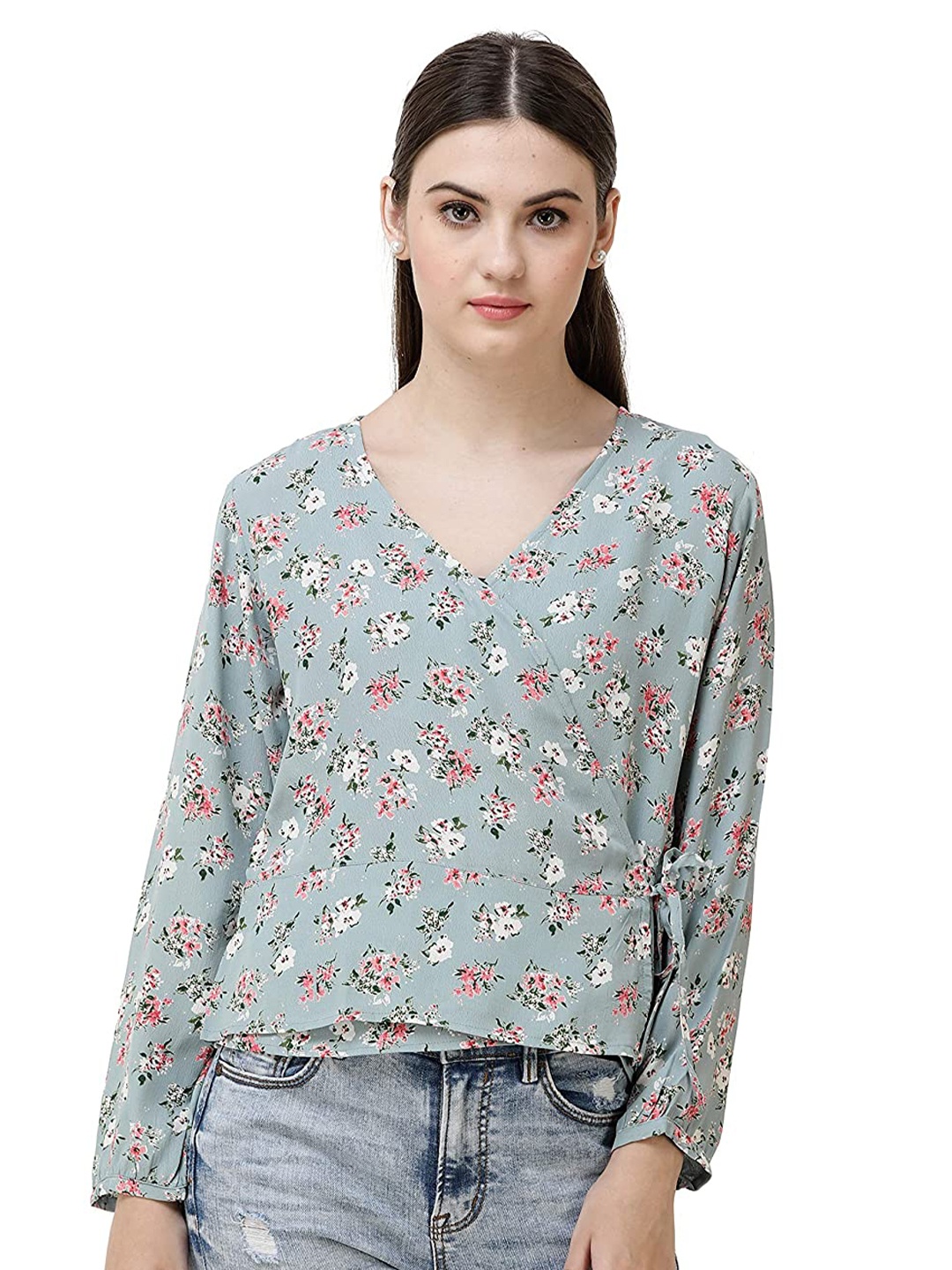 

DECHEN Women Grey & White V-Neck Floral Print Top