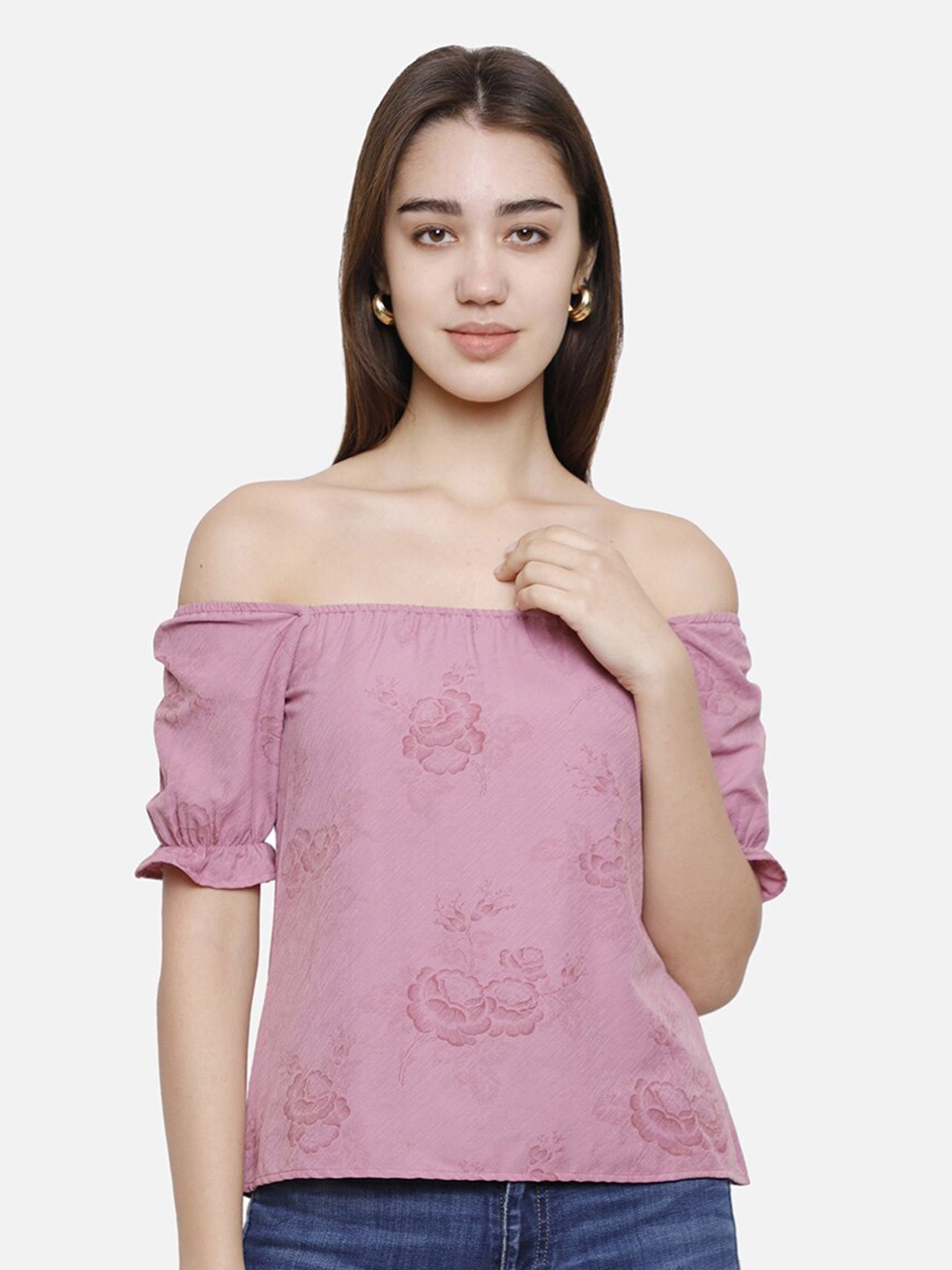 

DECHEN Lavender Floral Print Off-Shoulder Bardot Top