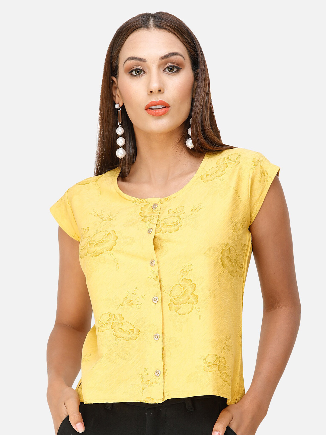 

DECHEN Women Yellow Floral Printed Cap Sleeves Top