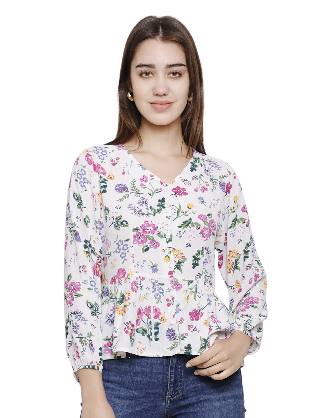 

DECHEN Women White & Pink Floral Print V-Neck Top