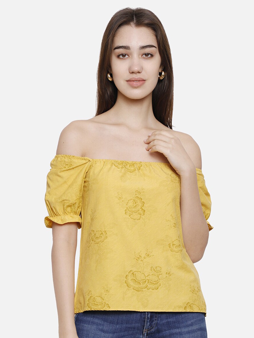 

DECHEN Women Yellow Floral Print Off-Shoulder Bardot Top