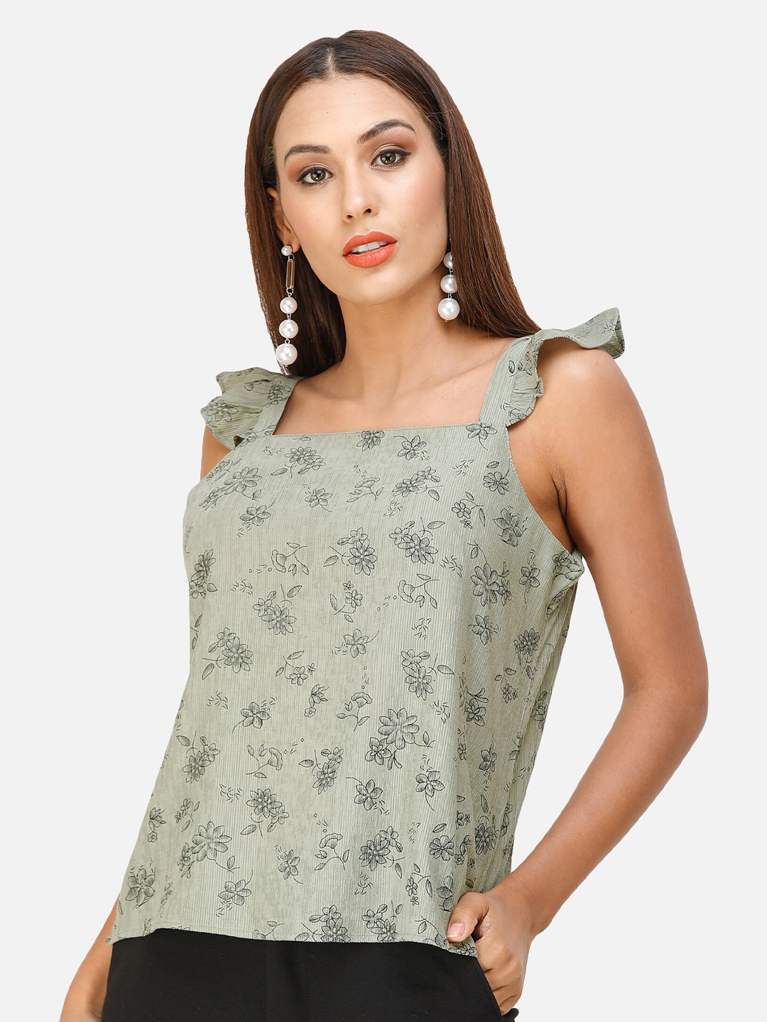 

DECHEN Women Green Floral Print Sleeveless Cotton Blend Top