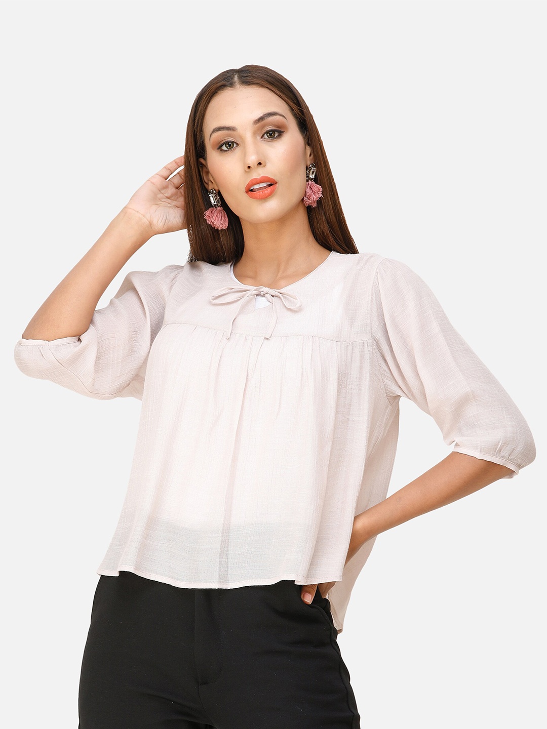 

DECHEN Women Off White Solid Tie-Up Neck Top