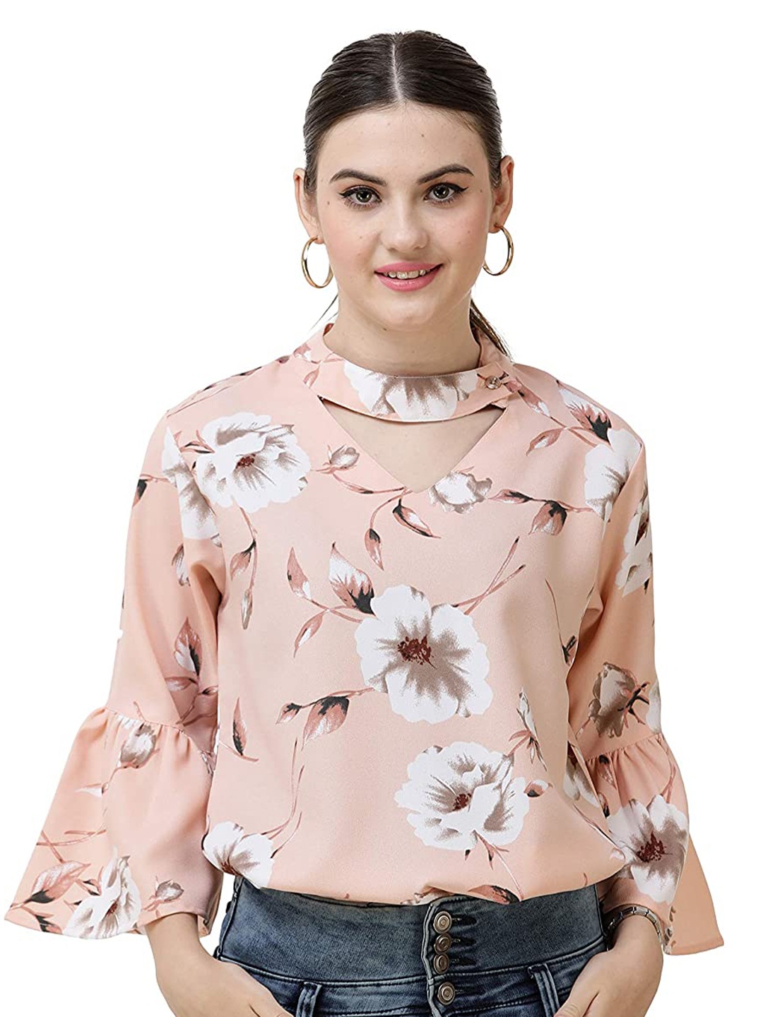 

DECHEN Women Peach-Coloured & White Floral Printed Bell Sleeves Top