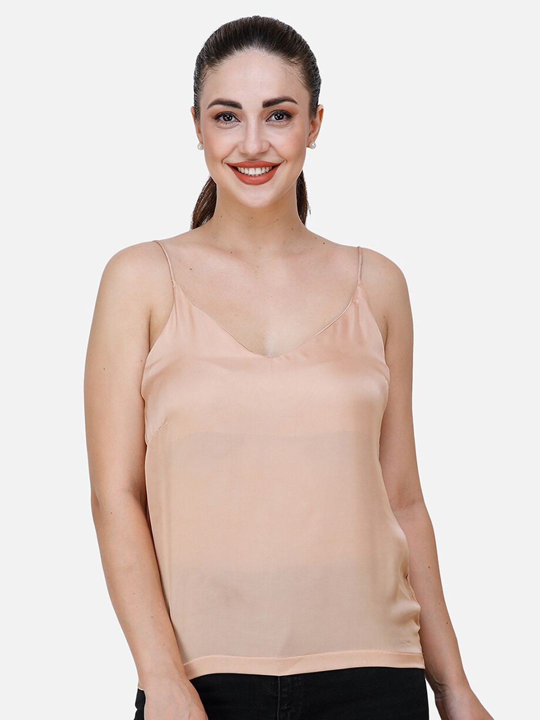

DECHEN Women Beige Satin Shoulder Straps Satin Top
