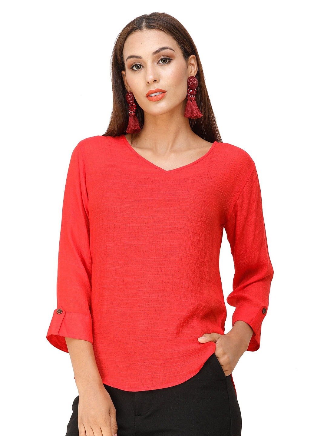 

DECHEN Women Red V-Neck Roll-Up Roll-Up Sleeves Top
