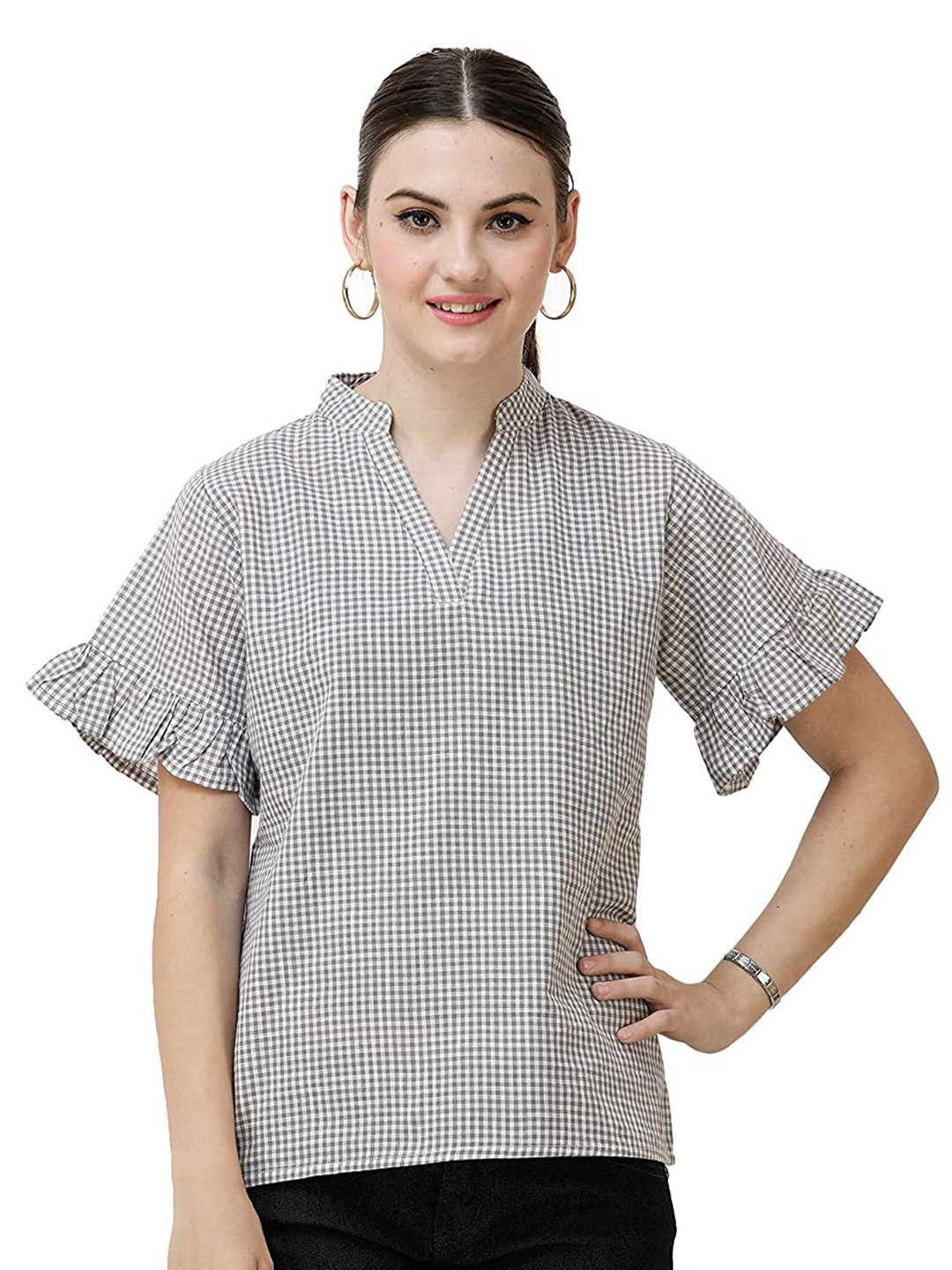 

DECHEN Women Grey & White Checked Mandarin Collar Pure Cotton Top