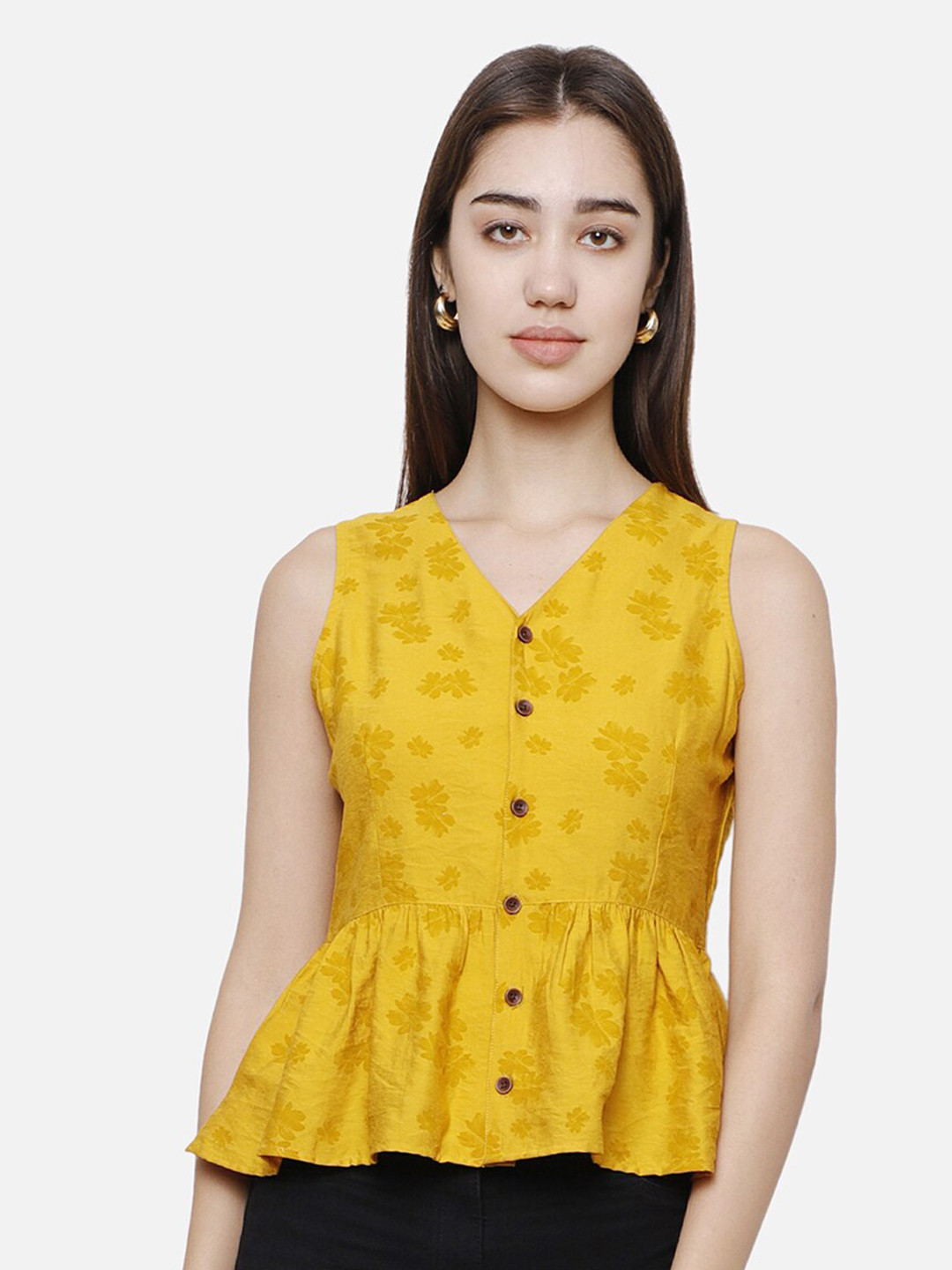 

DECHEN Women Yellow Floral Printed Peplum V-Neck Top