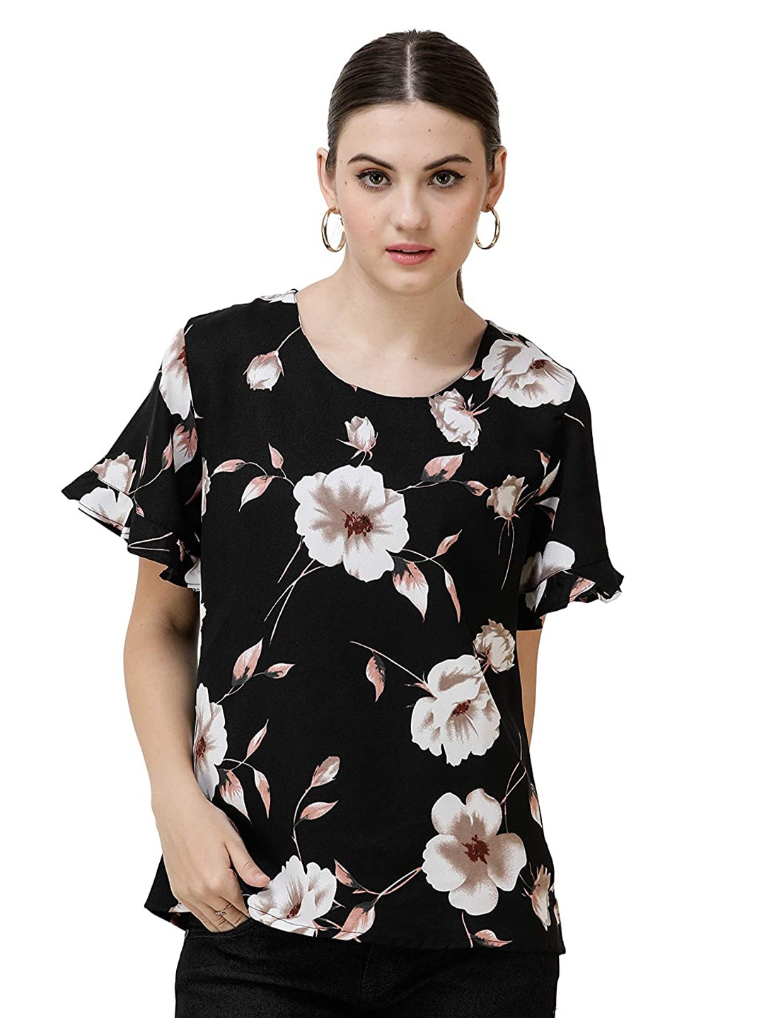 

DECHEN Women Black & White Floral Printed Flared Sleeves Top